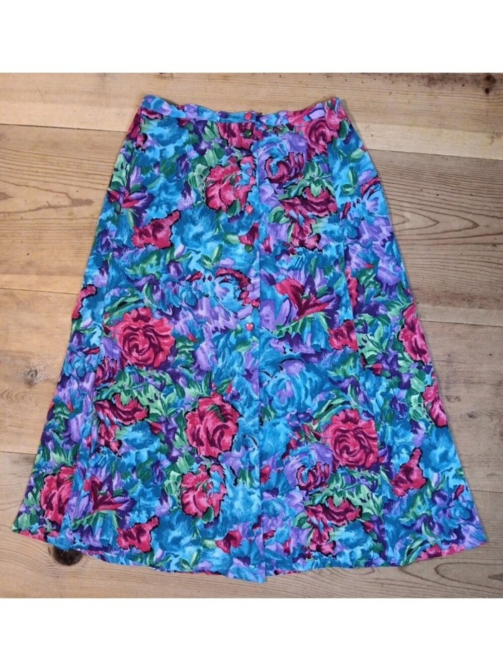 Vtg First Option Maxi Skirt Womens M Bright Floral Rayon Fun Button Up USA Made